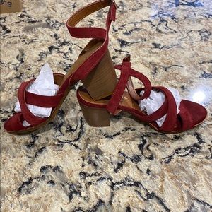 Red Sandals Italian with Suede Straps and Block Heel by Mariela